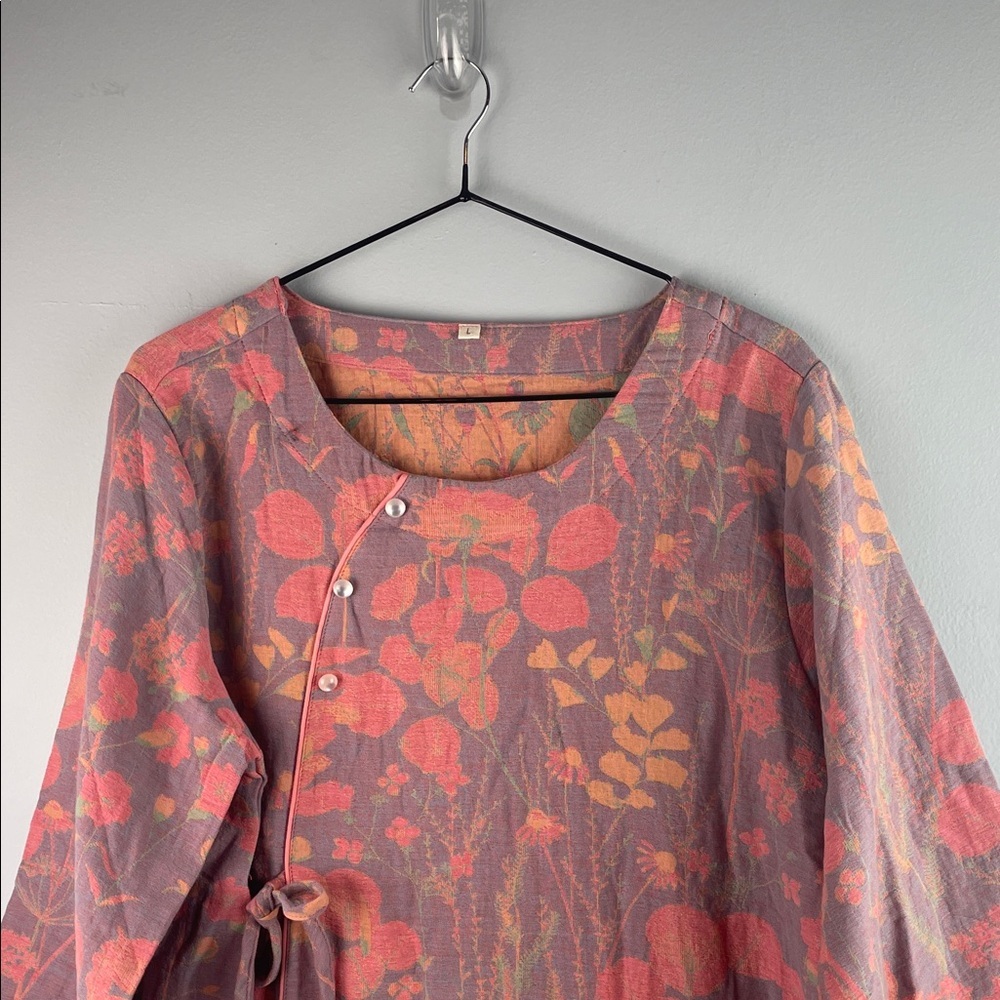 Floral Wrap-Style Wide Sleeve Top in Coral Pink Size L - Picture 2 of 12